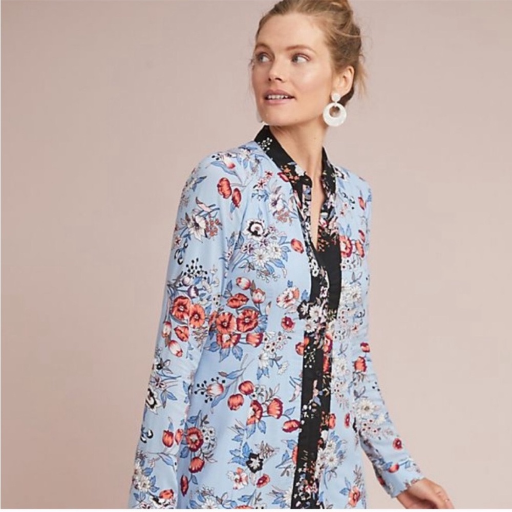 Anthropologie Maeve Leyster Blue Floral Shirt Dress Size 4 - Picture 4 of 9